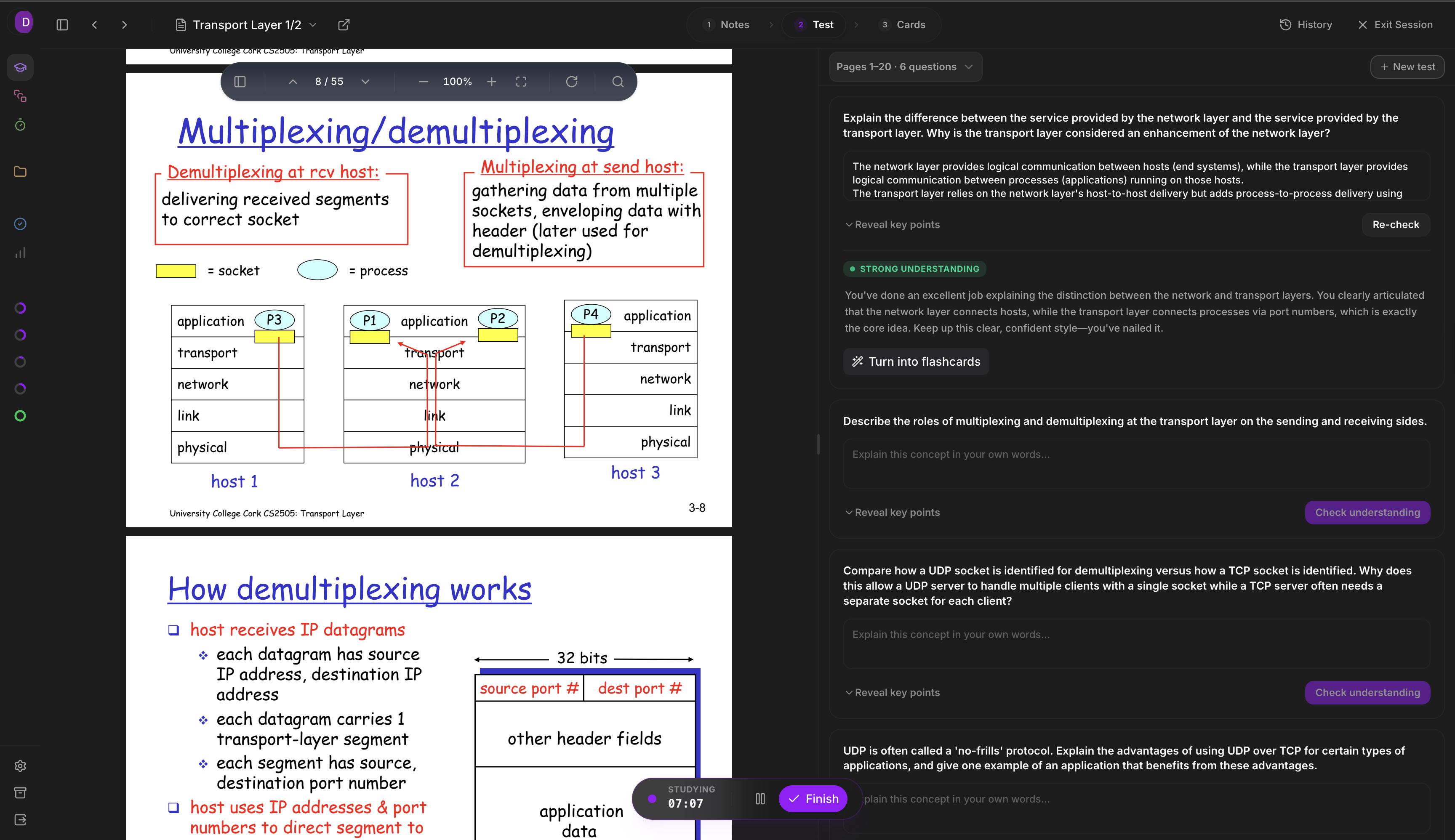 Student OS AI assistant explaining a passage and drafting a flashcard next to lecture notes