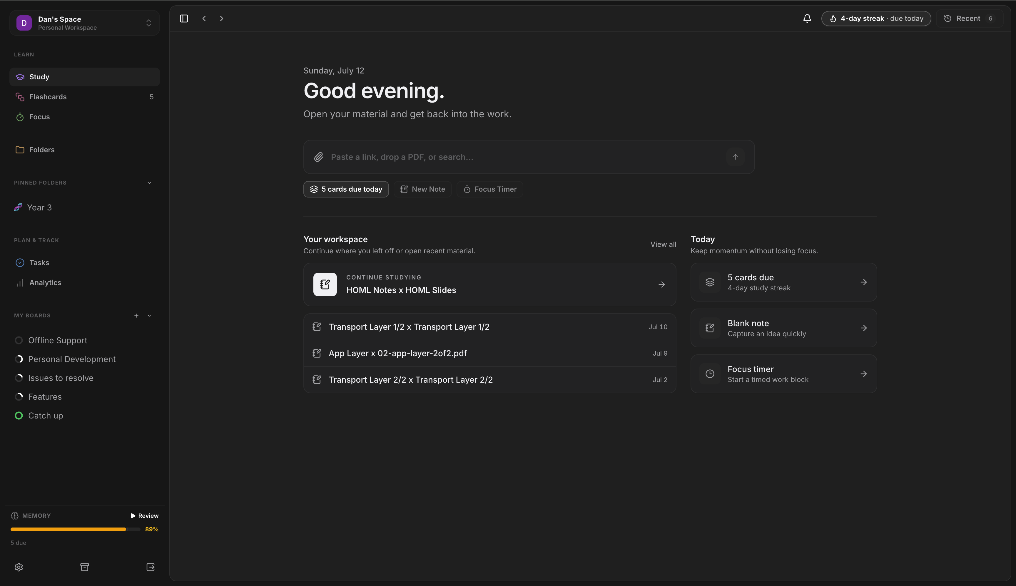 Student OS dashboard showing notes, flashcard reviews, and upcoming tasks
